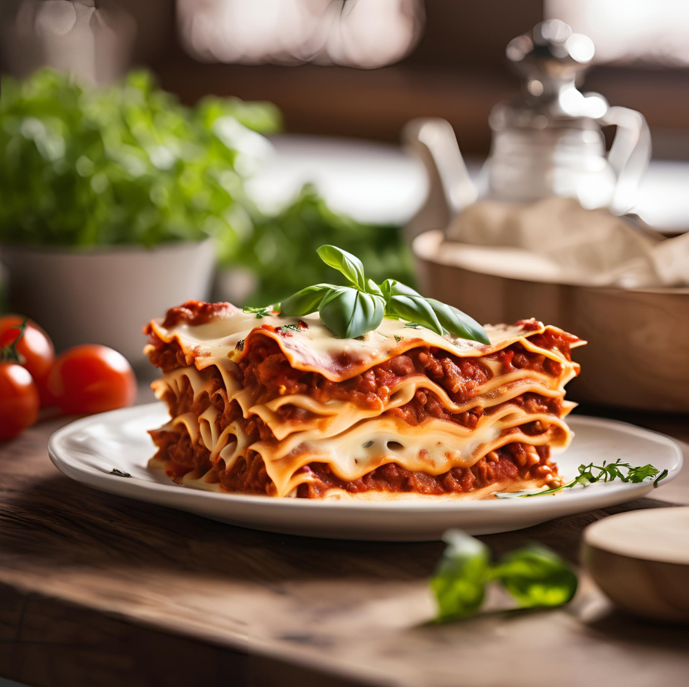 A full lasagna in a white ceramic dish on a wooden table, surrounded by fresh ingredients and natural light.