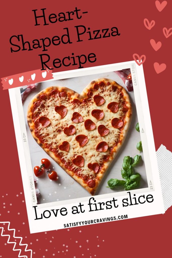 A heart-shaped pepperoni pizza with heart-shaped pepperoni slices, featured in a Valentine's-themed recipe graphic.