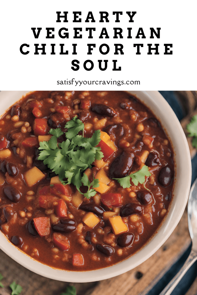 A bowl of hearty vegetarian chili garnished with fresh cilantro, featuring a colorful mix of beans, vegetables, and rich tomato sauce.