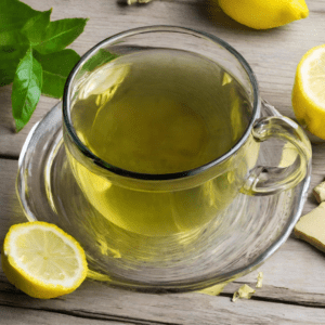 A steaming mug of lemon ginger green tea garnished with lemon slices and fresh mint leaves, on a rustic wooden table