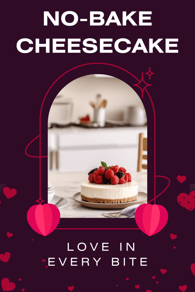 No-bake cheesecake topped with fresh raspberries and blackberries, set on a white plate in a cozy kitchen, with decorative hearts and the text "No-Bake Cheesecake: Love in Every Bite."