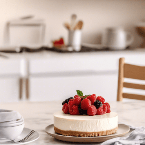 A no-bake cheesecake topped with fresh raspberries and blackberries on a plate, set on a marble countertop in a cozy kitchen.