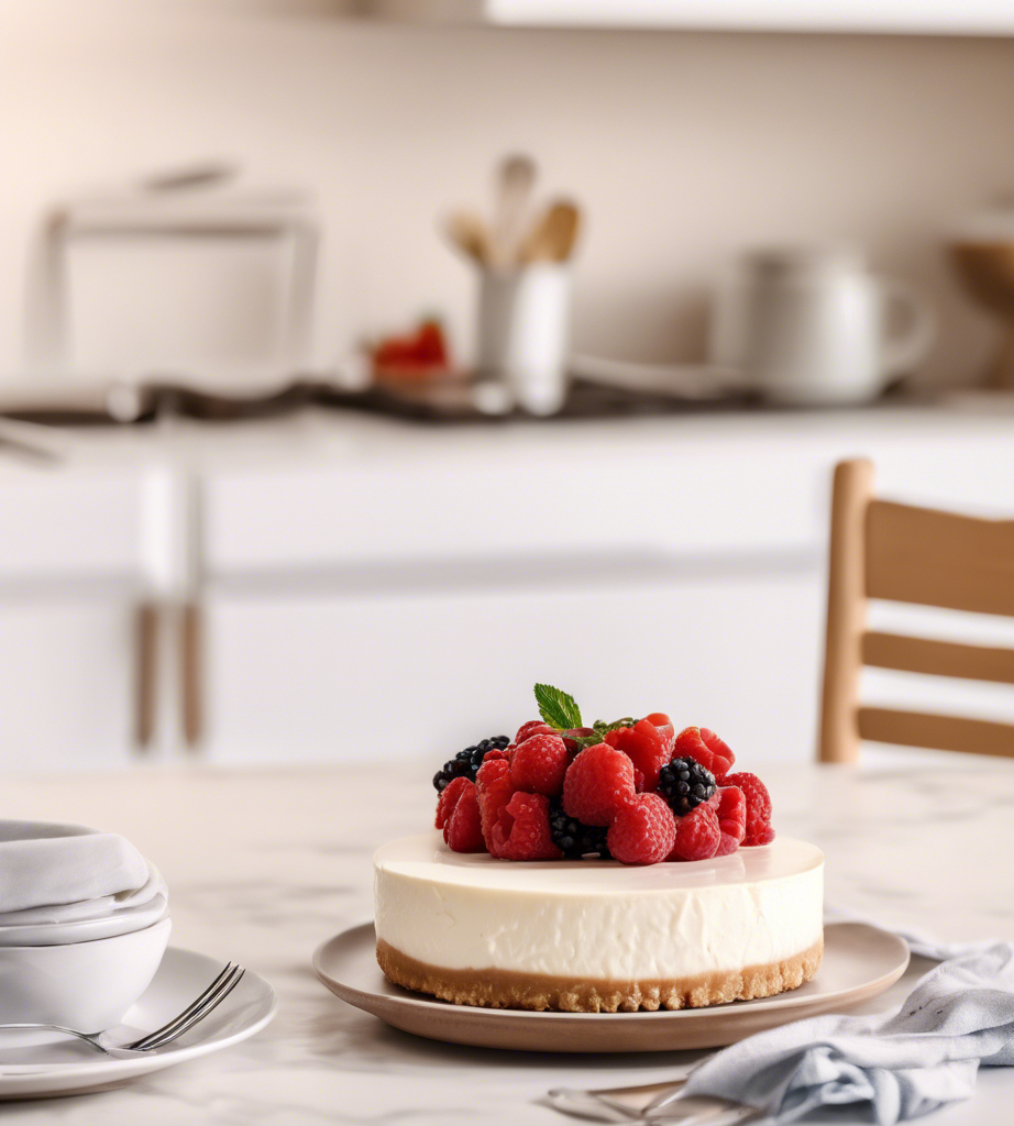 A no-bake cheesecake topped with fresh raspberries and blackberries on a plate, set on a marble countertop in a cozy kitchen.