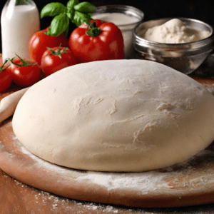 A ball of freshly made pizza dough on a floured wooden board, surrounded by ingredients like tomatoes, basil, and flour.