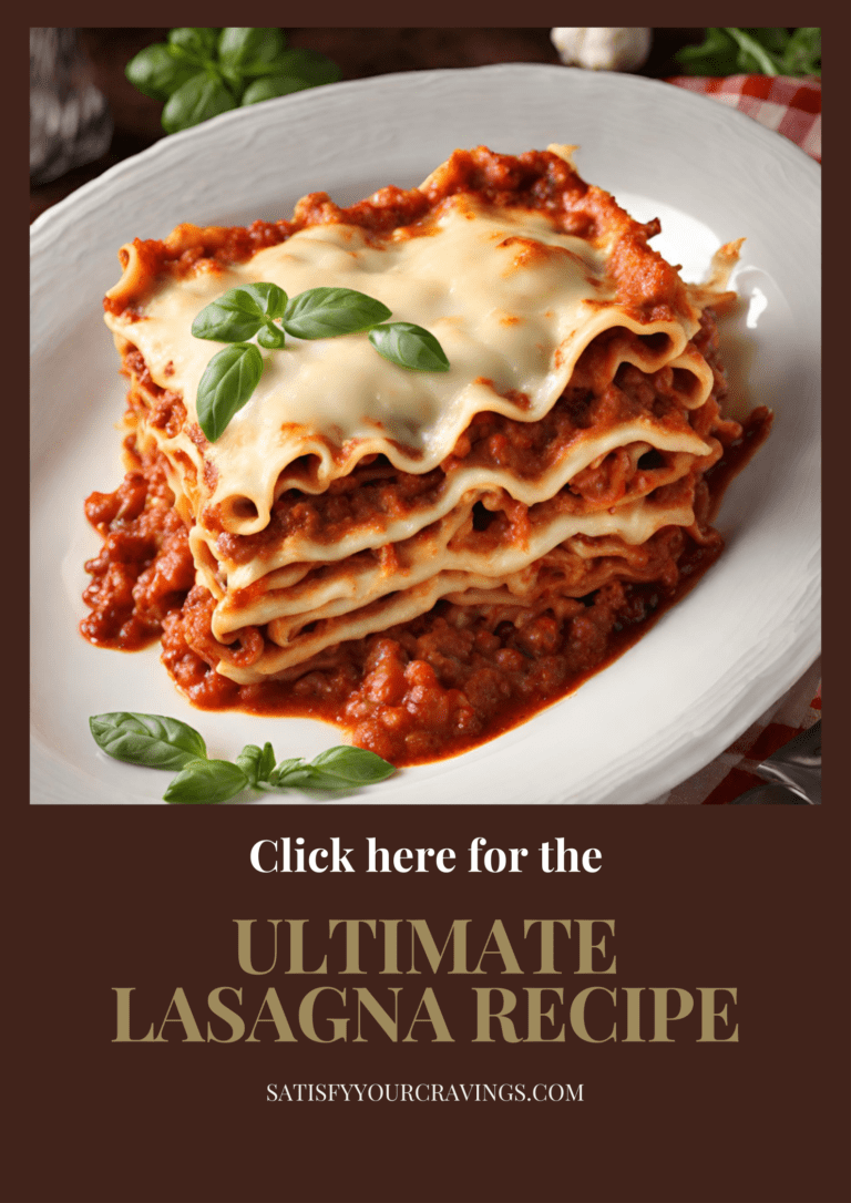 A delicious slice of homemade lasagna on a white plate, garnished with fresh basil leaves, with layers of rich meat sauce, creamy ricotta, and melted cheese.