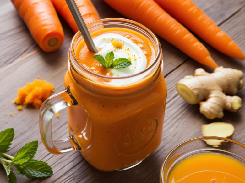 A vibrant orange carrot ginger smoothie in a mason jar with a metal straw, surrounded by fresh carrots, ginger, and mint on a wooden table.