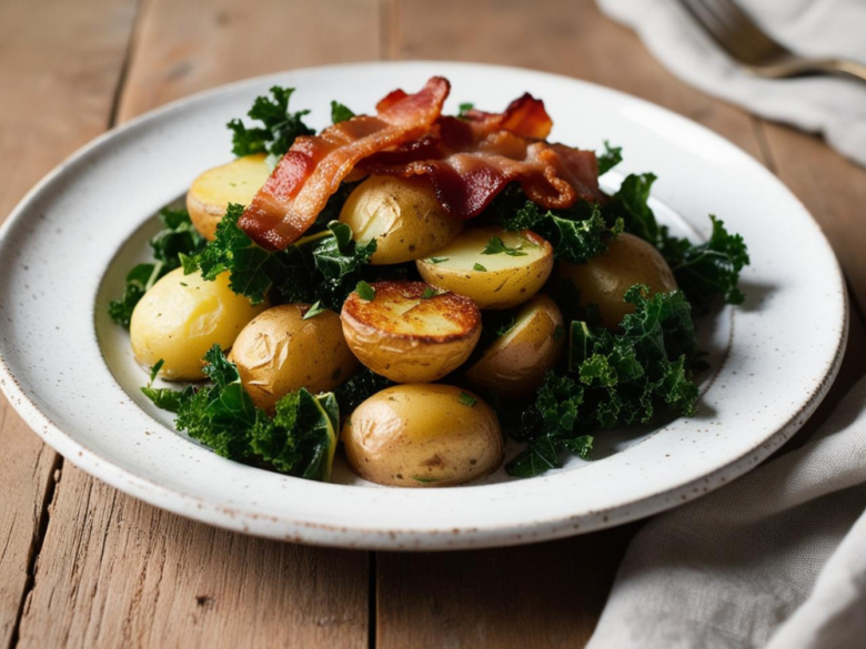 Crispy potato halves with fresh kale and bacon served on a white ceramic plate.