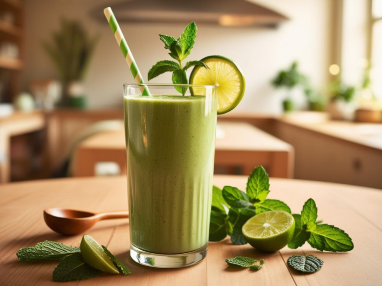 A creamy green Shamrock Smoothie garnished with a lime slice and mint, served in a tall glass with a striped straw, placed on a wooden table with fresh mint leaves and lime wedges.