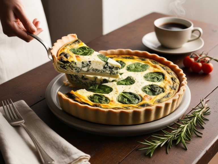 A slice of spinach and feta quiche being served with a cup of coffee and garnished with fresh rosemary and cherry tomatoes.