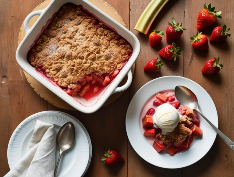 Overhead view of strawberry rhubarb crisp served in a baking dish with a portion plated and topped with ice cream.