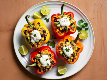 Top-down view of quinoa-stuffed bell peppers garnished with sour cream and lime wedges on a white plate.