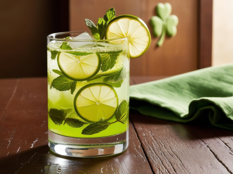 A tall glass of Irish Mojito Mocktail garnished with lime slices and fresh mint, sitting on a wooden table with a green napkin and shamrock decoration.
