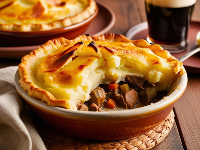 A hearty Irish Shepherd's Pie with golden mashed potatoes and tender lamb filling, served in a rustic dish with a glass of stout beer.