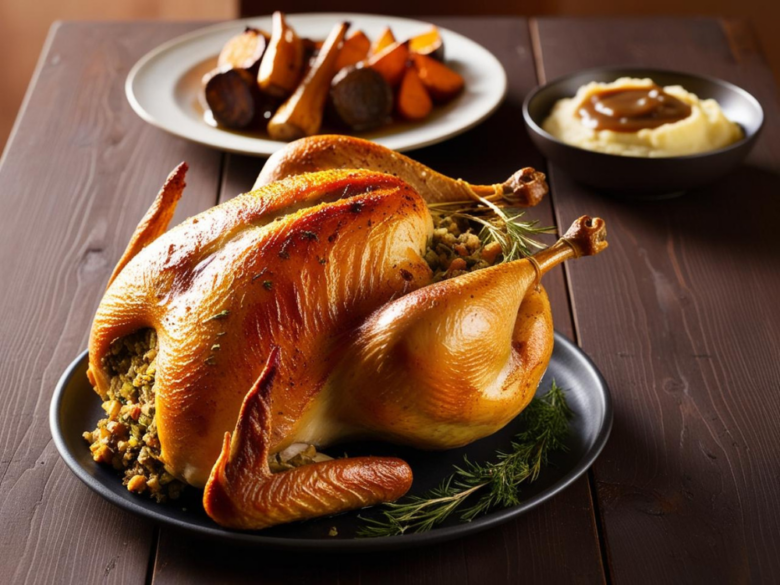 Roasted stuffed chicken with a golden crispy skin, served with roasted vegetables and mashed potatoes.
