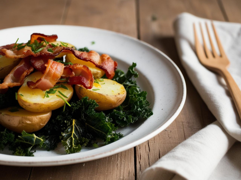 Potato and kale hash with crispy bacon garnished with fresh herbs on a rustic table.