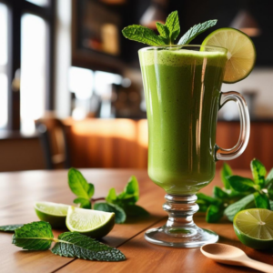 A vibrant green Shamrock Smoothie served in a tall glass with a handle, garnished with lime and mint, placed on a wooden table with fresh ingredients.