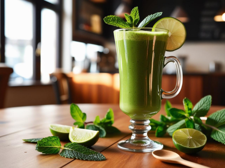 A vibrant green Shamrock Smoothie served in a tall glass with a handle, garnished with lime and mint, placed on a wooden table with fresh ingredients.