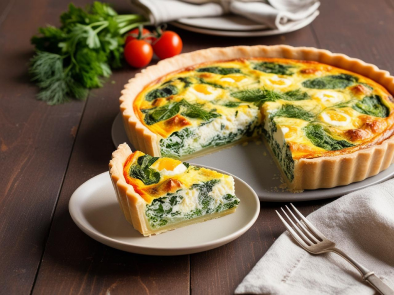 A slice of spinach and feta quiche on a plate beside the whole quiche, with fresh herbs and cherry tomatoes in the background.