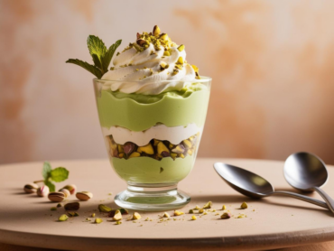 Pistachio pudding parfait in a dessert glass, layered with whipped cream, crushed nuts, and fresh mint garnish.