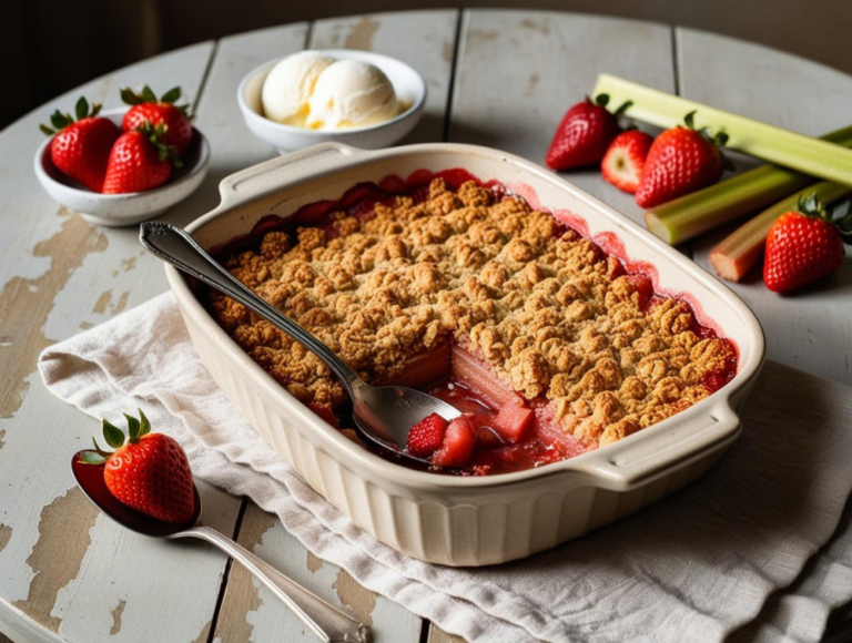 Side view of strawberry rhubarb crisp in a rectangular baking dish with a serving spoon and fresh strawberries on the side.