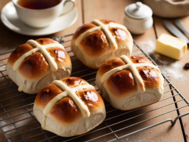 Fluffy hot cross buns cooling on a rack, served with tea and butter for an afternoon treat. Title: Afternoon Tea with Fluffy Hot Cross Buns – The Perfect Pairing