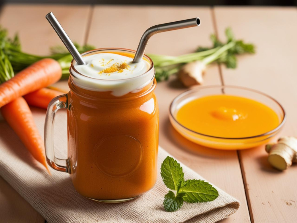 Carrot ginger smoothie in a mason jar, garnished with yogurt and turmeric, with fresh carrots, ginger, and orange juice in the background.
