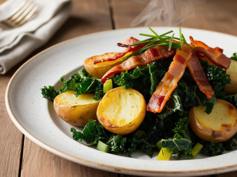 Crispy kale and potato hash with bacon and a hint of steam, served fresh.