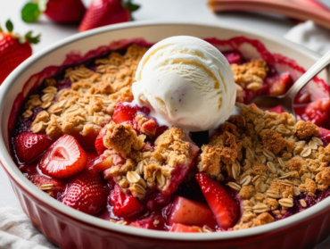 Close-up of strawberry rhubarb crisp in a round dish, topped with vanilla ice cream and fresh strawberries.