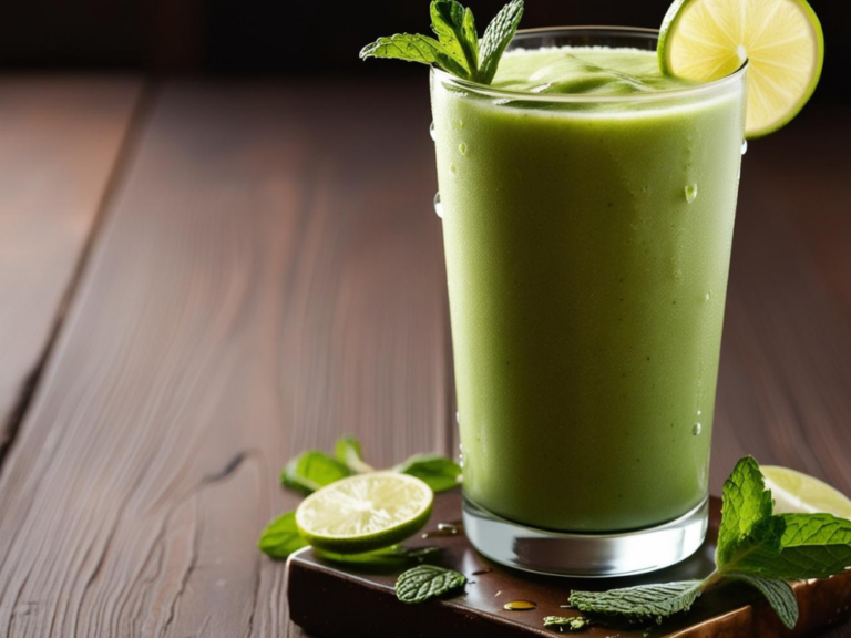 A close-up of a smooth green Shamrock Smoothie topped with a lime slice and mint, served on a rustic wooden table with lime and mint scattered around.