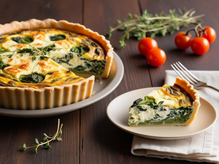 A spinach and feta quiche with a slice served on a plate, garnished with fresh thyme and cherry tomatoes.