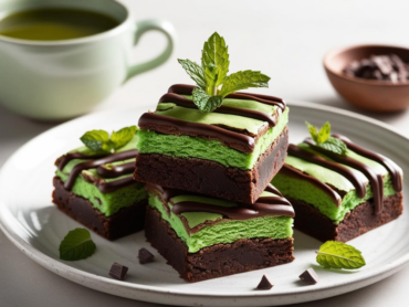 Stack of Gooey Matcha Mint Brownies with Chocolate Layers