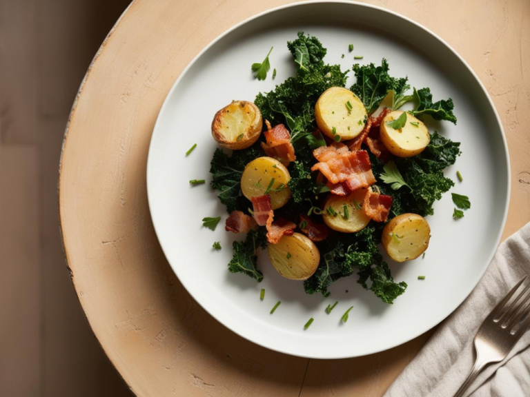Overhead view of kale and potato hash with bacon on a clean white plate.