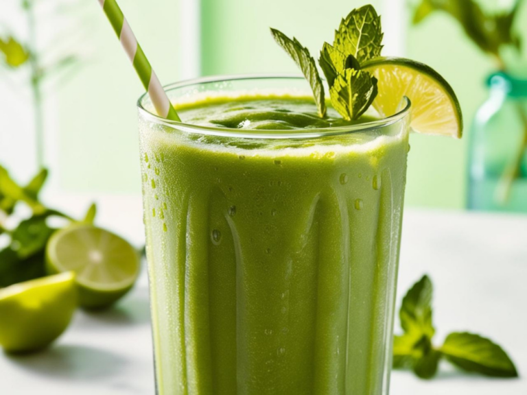 A Shamrock Smoothie in a glass with a striped straw, garnished with fresh mint and lime, surrounded by green elements for a vibrant look.