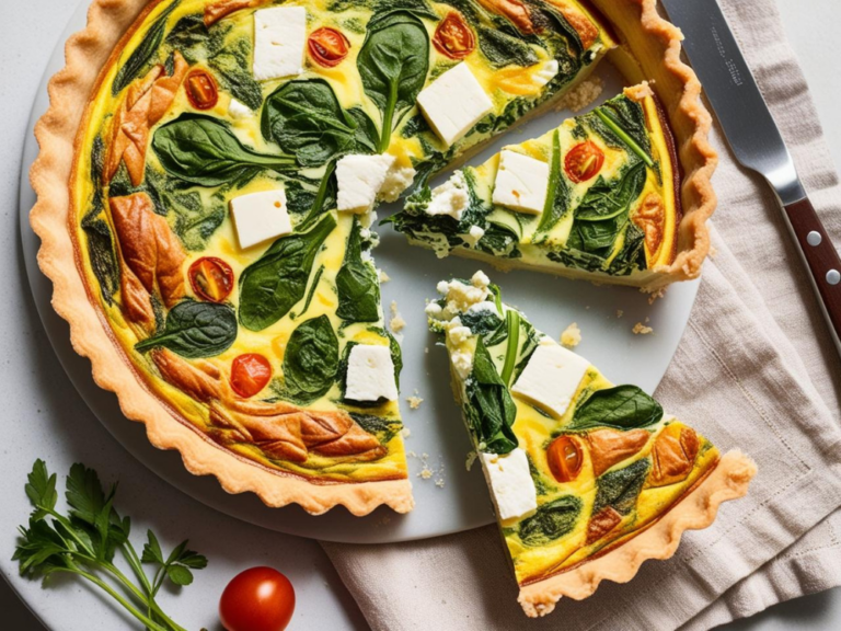 A spinach and feta quiche garnished with cherry tomatoes, feta cubes, and fresh spinach leaves, displayed top-down.