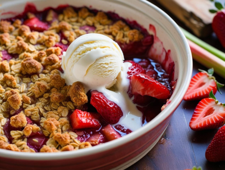 Strawberry rhubarb crisp in a round dish with a scoop of vanilla ice cream melting into the filling.