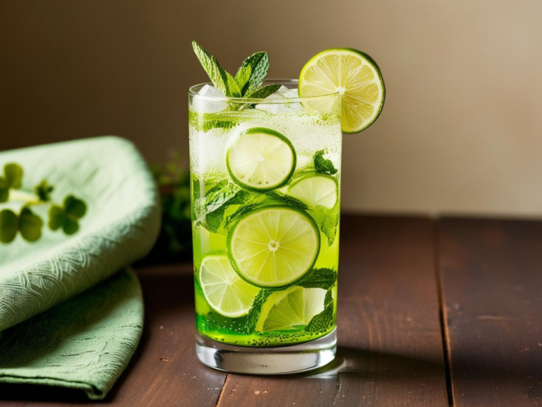 A tall Irish Mojito Mocktail garnished with lime and mint, sitting on a wooden table with a green napkin.