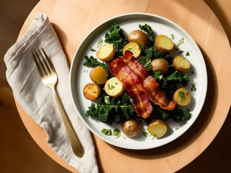 Golden potato slices and crispy kale topped with bacon on a white plate.