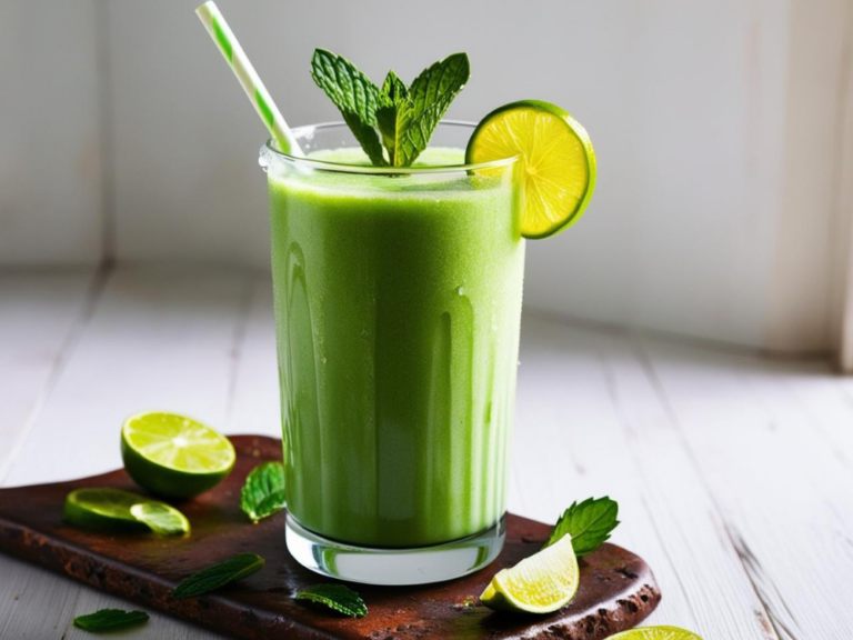 A vibrant Shamrock Smoothie garnished with lime and mint, placed on a wooden cutting board with fresh ingredients around it.