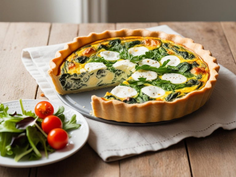 Spinach and feta quiche with a slice missing, served alongside a fresh salad of cherry tomatoes and greens.