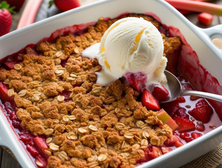 Strawberry rhubarb crisp in a white baking dish with a spoon showing the vibrant filling underneath.