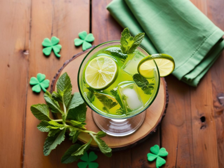 A vibrant Irish Mojito Mocktail in a clear glass on a wooden table, surrounded by mint sprigs and shamrock cutouts.