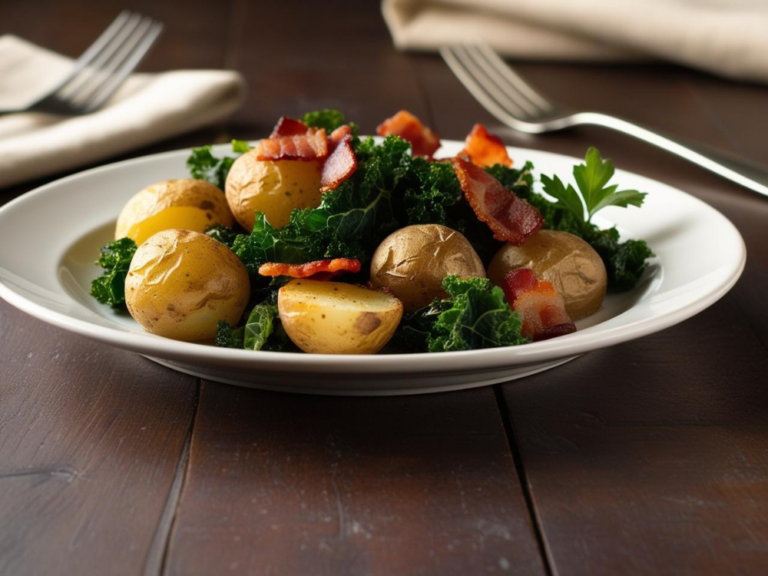Side view of crispy kale and potato hash garnished with fresh parsley and bacon.