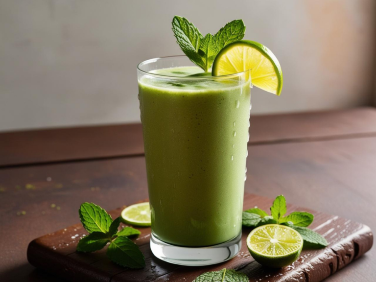 A glass of creamy Shamrock Smoothie garnished with lime and mint, placed on a rustic surface with natural light.