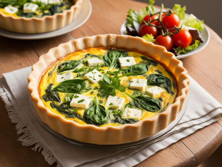 A whole spinach and feta quiche garnished with parsley and feta cubes, served on a wooden table with a side of cherry tomatoes.