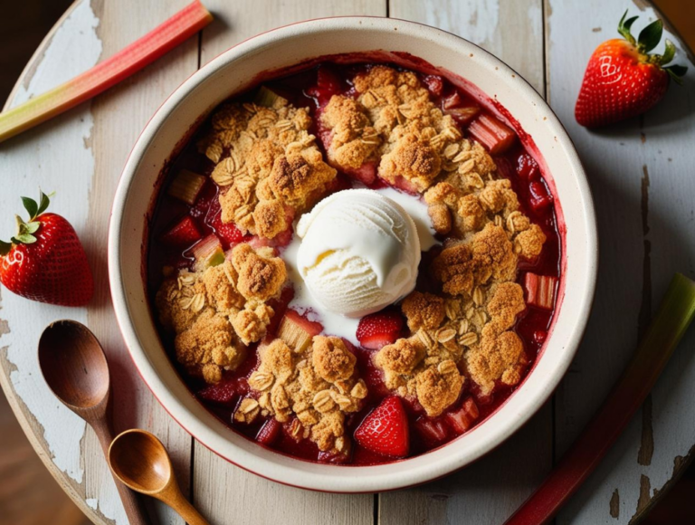 Strawberry rhubarb crisp baked in a round dish, topped with ice cream and served with fresh rhubarb and strawberries.