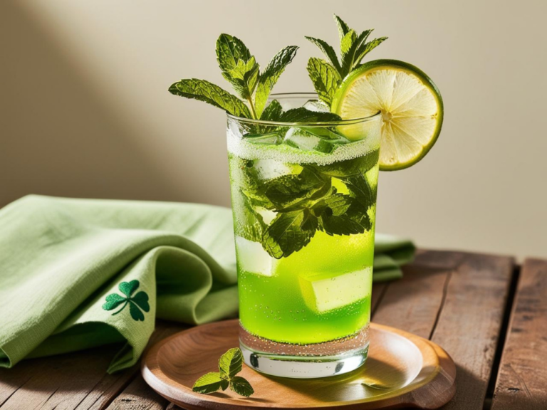A tall Irish Mojito Mocktail on a wooden tray with mint and lime garnishes, complemented by a shamrock napkin.