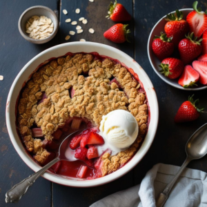 Overhead view of strawberry rhubarb crisp in a round dish with a serving scooped out, surrounded by fresh strawberries.