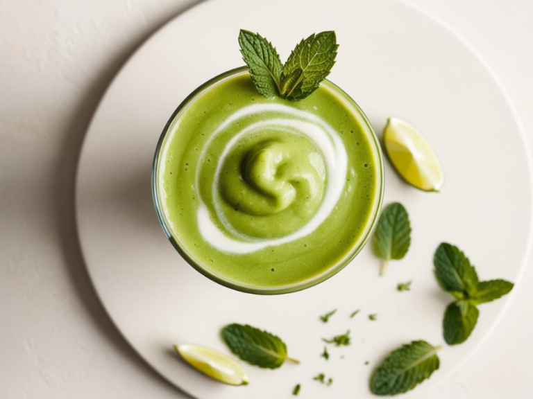 A top-down view of a Shamrock Smoothie in a glass, swirled with cream and garnished with mint leaves and lime wedges.