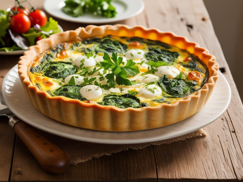 Spinach and feta quiche garnished with parsley and served on a white plate, surrounded by fresh cherry tomatoes and herbs.