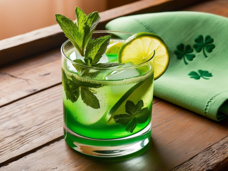 A refreshing Irish Mojito Mocktail garnished with lime and mint, served in a short glass with a green shamrock napkin.